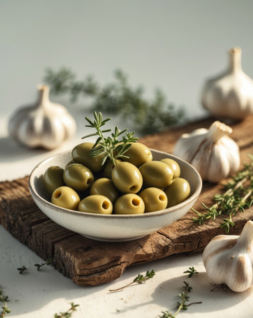 AI Generated. Green olives with herbs and spices sit on a wooden table with garlic bulbs in the sunの素材