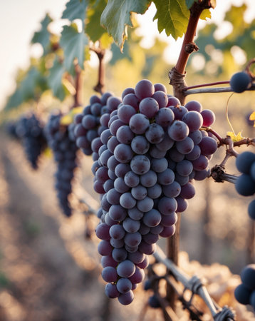 AI Generated. Ripe Dark Grapes on Vine in Vineyard Rowの素材