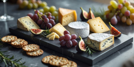 AI Generated. Scene of an elegant cheese board featuring a variety of artisan cheesesの素材