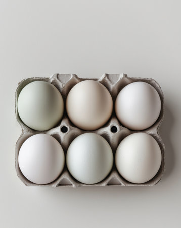 AI Generated. six eggs in a carton are lined up in a rowの素材