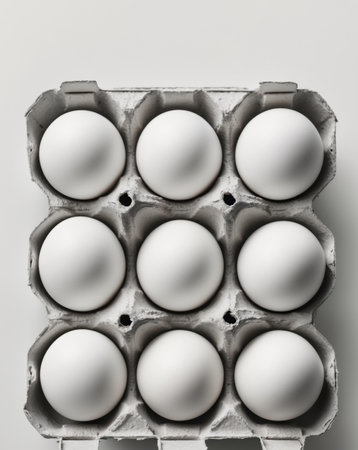 AI Generated. six eggs in a carton are lined up in a rowの素材