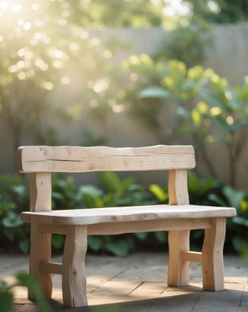 AI Generated. Simple Wooden Bench Rustic Style Light Wood Garden Furnitureの素材