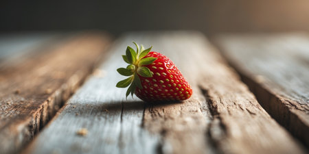 AI Generated. Single Juicy Strawberry on Wooden Backgroundの素材
