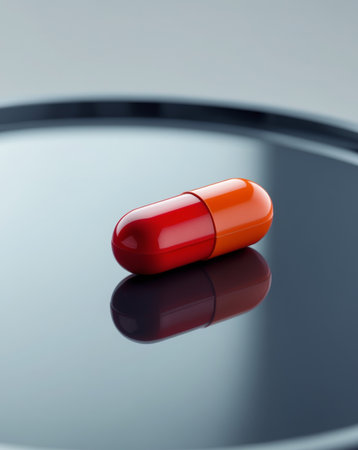 AI Generated. Single red pill is lying on a reflective dark surfaceの素材