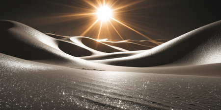 AI Generated. A glimmering desert of shimmering metallic sand sparkling under an alien sun s radiant lightの素材