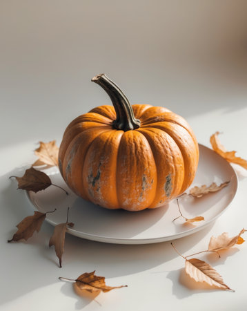 AI Generated. A pumpkin on a white plate with some leaves around itの素材