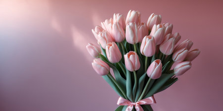 AI Generated. A Pink Tulip Bouquet with a Pink Ribbon on a Pink Backgroundの素材