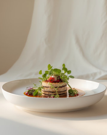 AI Generated. A gourmet dish presented on a white plateの素材