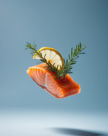AI Generated. A piece of salmon with a slice of lemon and rosemary on a blue backgroundの素材
