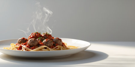 AI Generated. A plate of pasta with red sauce and meatballsの素材