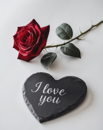 AI Generated. A heart shaped black slate with text I Love You with red roseの素材