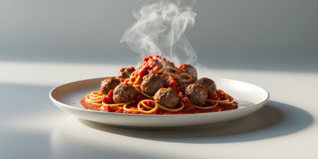 AI Generated. A plate of pasta with red sauce and meatballsの素材