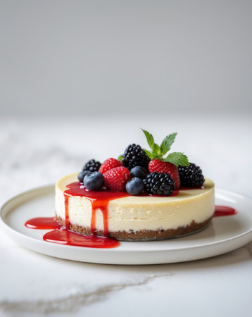 AI Generated. Slices of creamy cheesecake topped with mixed berries and fruit sauce on a plateの素材