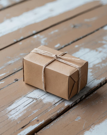 AI Generated. Small Cardboard Box Tied with Twine on Wooden Surfaceの素材