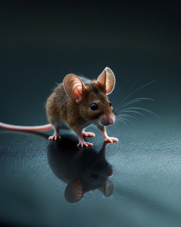 AI Generated. Small brown mouse with big ears explores a dark surface at nightの素材