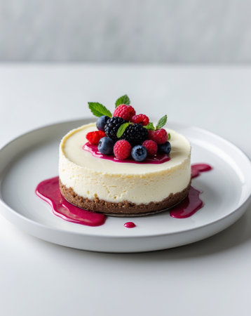 AI Generated. Slices of creamy cheesecake topped with mixed berries and fruit sauce on a plateの素材