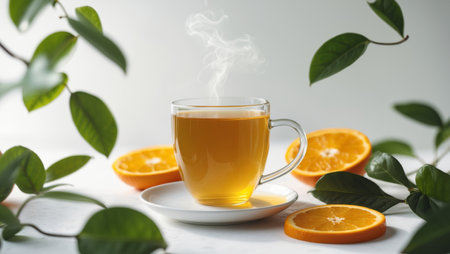 AI Generated. Refreshing tea with fresh oranges and green leaves on a white surface providing a tranquil atmosphereの素材