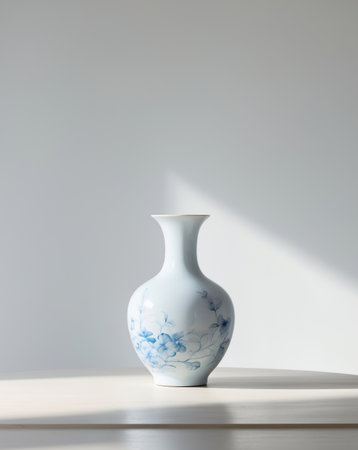 AI Generated. there is a blue and white vase sitting on a tableの素材