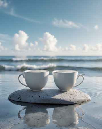 AI Generated. there are two cups sitting on a rock near the oceanの素材