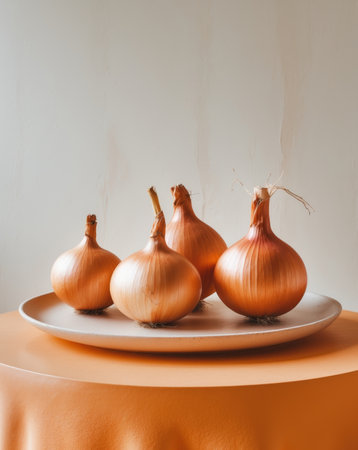 AI Generated. there are four onions on a plate on an orange tableの素材