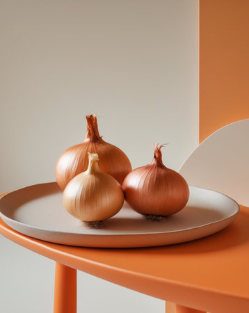 AI Generated. there are four onions on a plate on an orange tableの素材