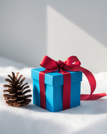 AI Generated. there is a blue gift box with a red ribbon and a pine coneの素材