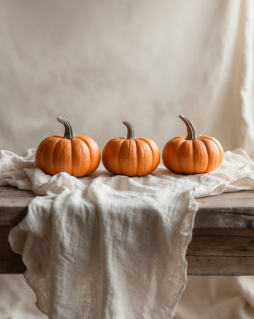 AI Generated. three small pumpkins are sitting on a table with a clothの素材