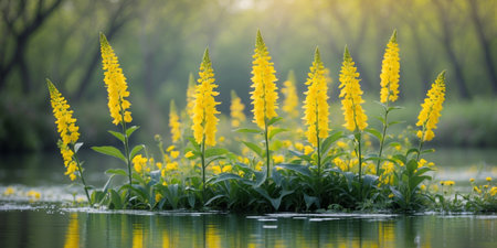 AI Generated. Yellow Flowers Blossom by Tranquil River in Springの素材