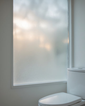 AI Generated. a toilet with a cloudy frosted window that allows natural lightの素材