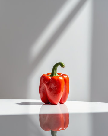 AI Generated. there is a red pepper sitting on a table with a reflectionの素材
