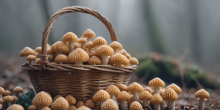 AI Generated. A Basket Overflowing with Freshly Harvested Morel Mushroomsの素材