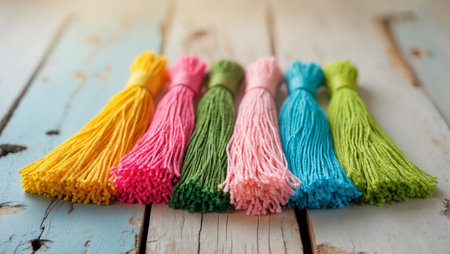 AI Generated. Colorful tassels arranged in a row on a wooden surface for craft and design projectsの素材