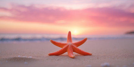 AI Generated. Starfish is laying on the beach at sunsetの素材