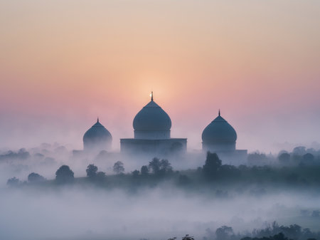 AI Generated. Sunrise over Misty Landscape with Three Domesの素材