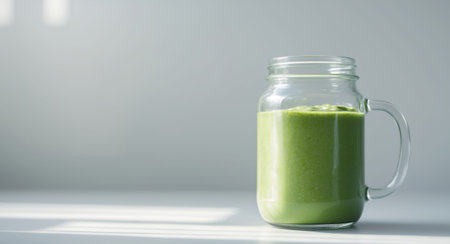 AI Generated. Glass jar mugs with green health smoothieの素材
