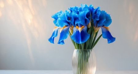 AI Generated. Elegant bouquet of blue irises in a glass vaseの素材