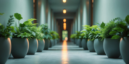 AI Generated. a long hallway with plants in large potsの素材