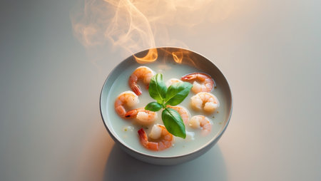 AI Generated. A bowl of shrimp soup with a garnish of basilの素材