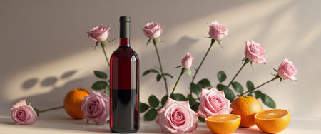 AI Generated. A bottle of wine surrounded by pink roses and orangesの素材