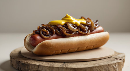AI Generated. A Delicious Gourmet Hot Dog with Caramelized Onions and Mustardの素材