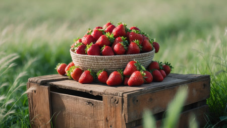 AI Generated. A basket of strawberries is sitting on a wooden crate in a fieldの素材