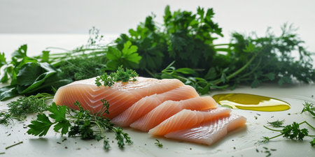 AI Generated. Fresh Slices of Fish on a Light Surface Surrounded by Green Herbs and Olive Oil for Culinary and Food Preparation Conceptsの素材