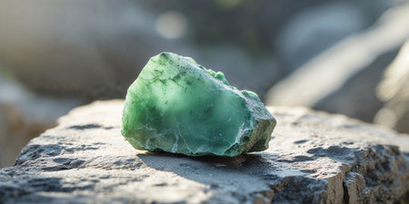 AI Generated. Freshly Mined Raw Jade Stone with Rough Edges on Rocky Surface in Natural Lightの素材
