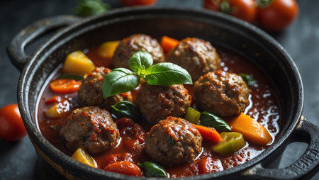 AI Generated. Savory meatballs simmered in rich tomato sauce with vibrant vegetables and fresh basil in a black pot on dark backgroundの素材