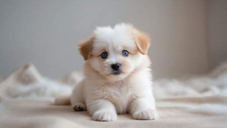 AI Generated. Adorable fluffy puppy with bright blue eyesの素材