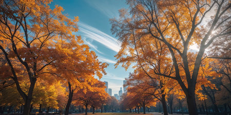 AI Generated. Aerial view of city park in autumn with vibrant foliage and golden huesの素材