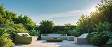 AI Generated. Modern outdoor seating area with lush greenery in bright daylight providing relaxationの素材
