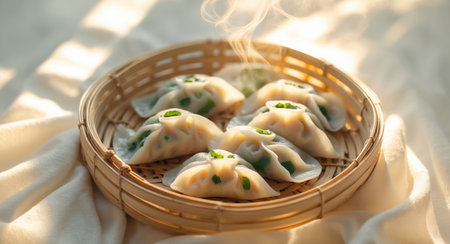AI Generated. Steaming Gourmet Dumplings in a Bamboo Basket with Warm Sunlit Ambianceの素材