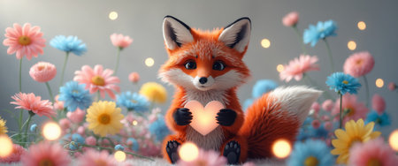 AI Generated. Cute red fox holding heart amidst colorful flowers with soft glowing lightsの素材