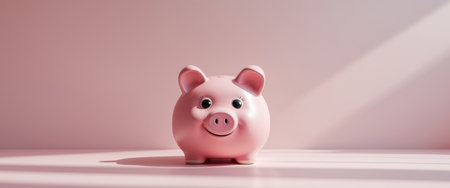 AI Generated. Cute pink piggy bank sitting on a soft pink background with a playful appearance and rounded featuresの素材